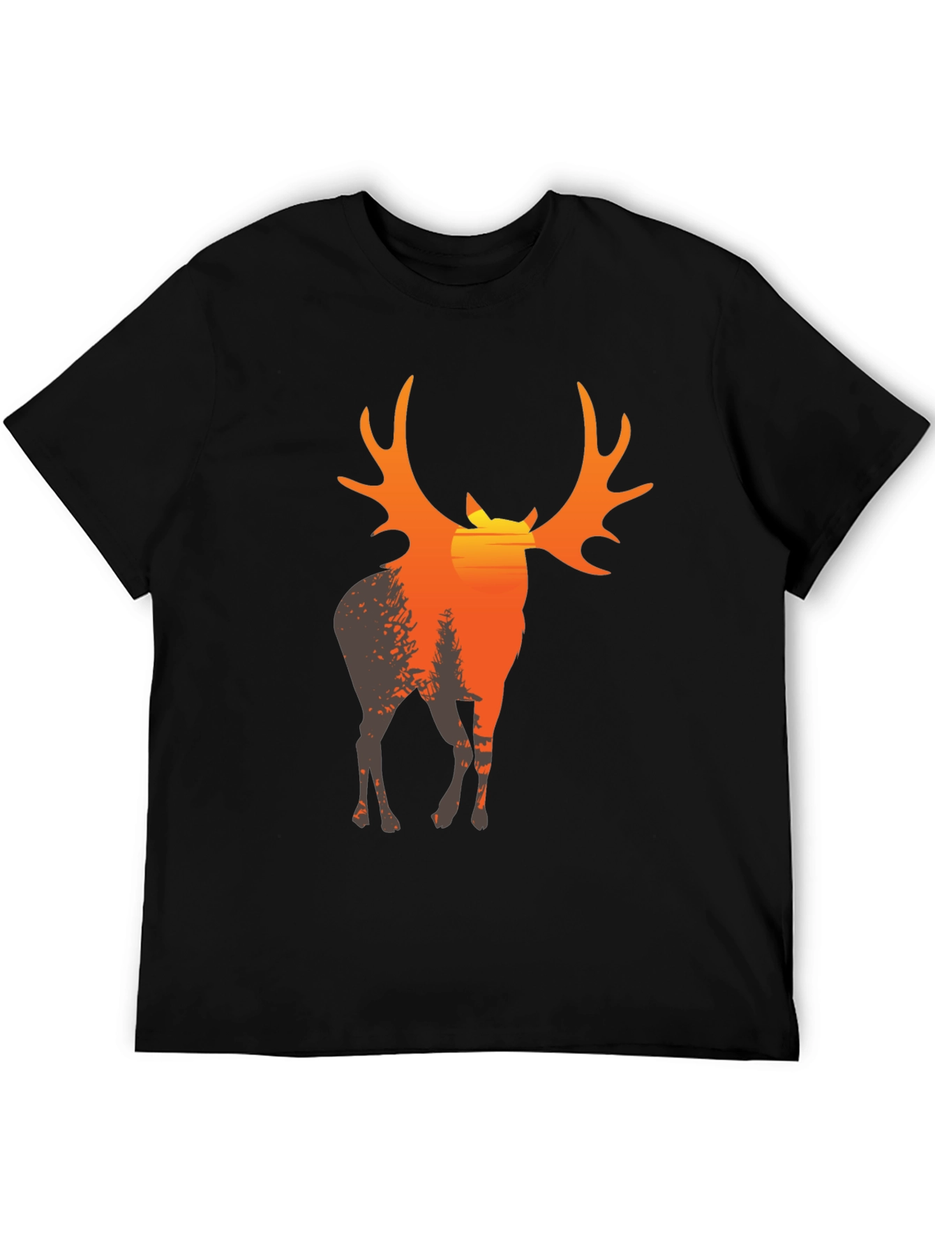 Mens Black T-Shirt with Deer Sunset Graphic