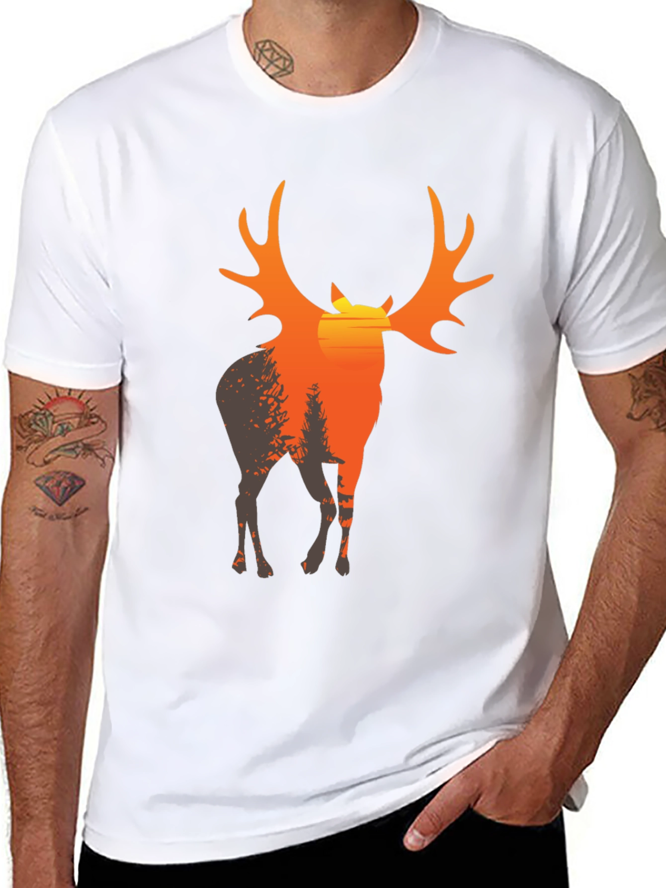 Mens Black T-Shirt with Deer Sunset Graphic
