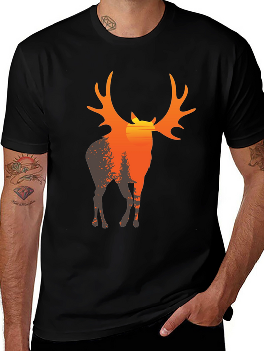 Mens Black T-Shirt with Deer Sunset Graphic