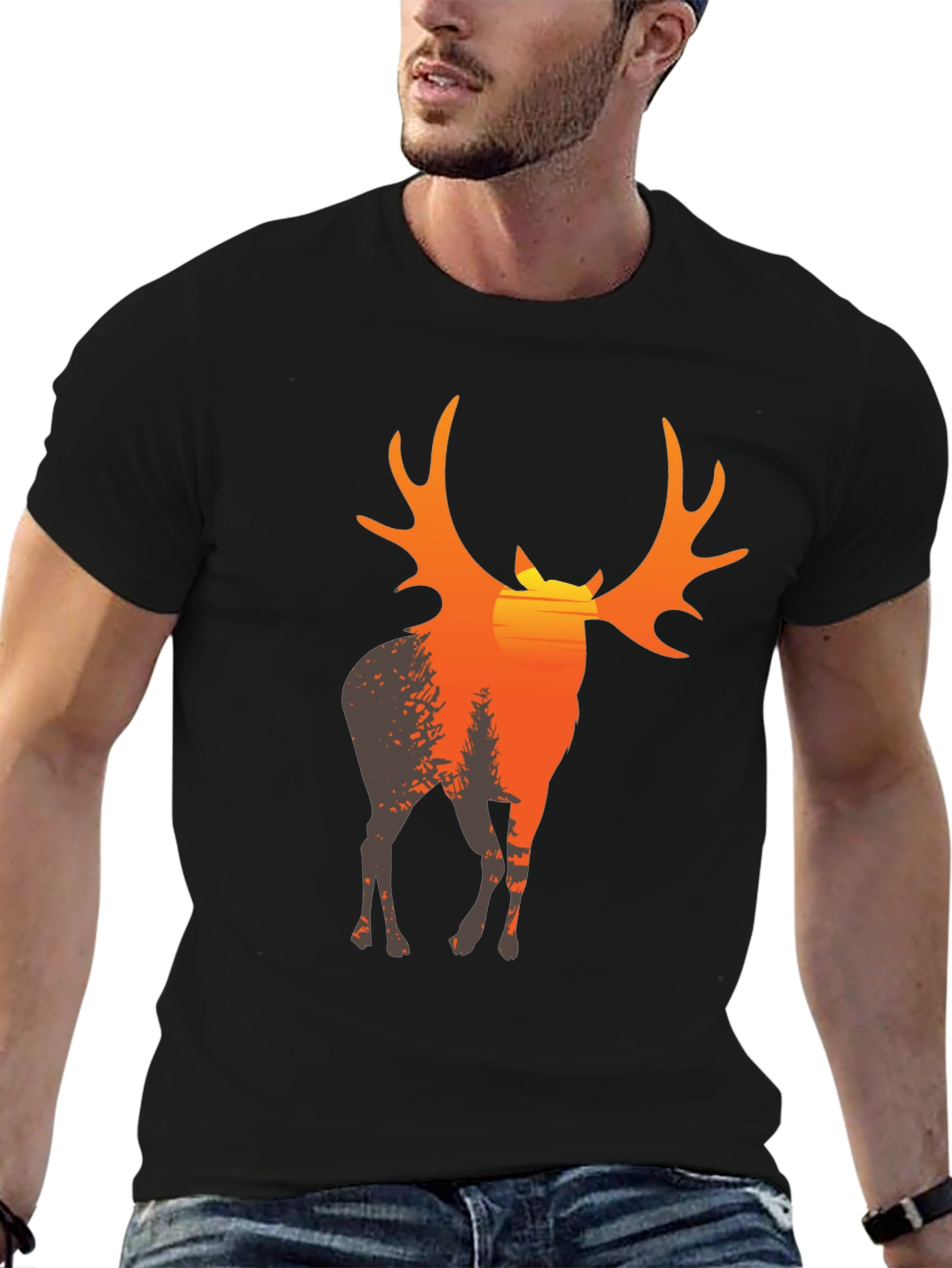 Mens Black T-Shirt with Deer Sunset Graphic