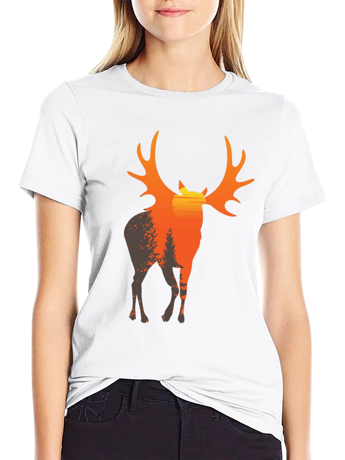 Mens Black T-Shirt with Deer Sunset Graphic