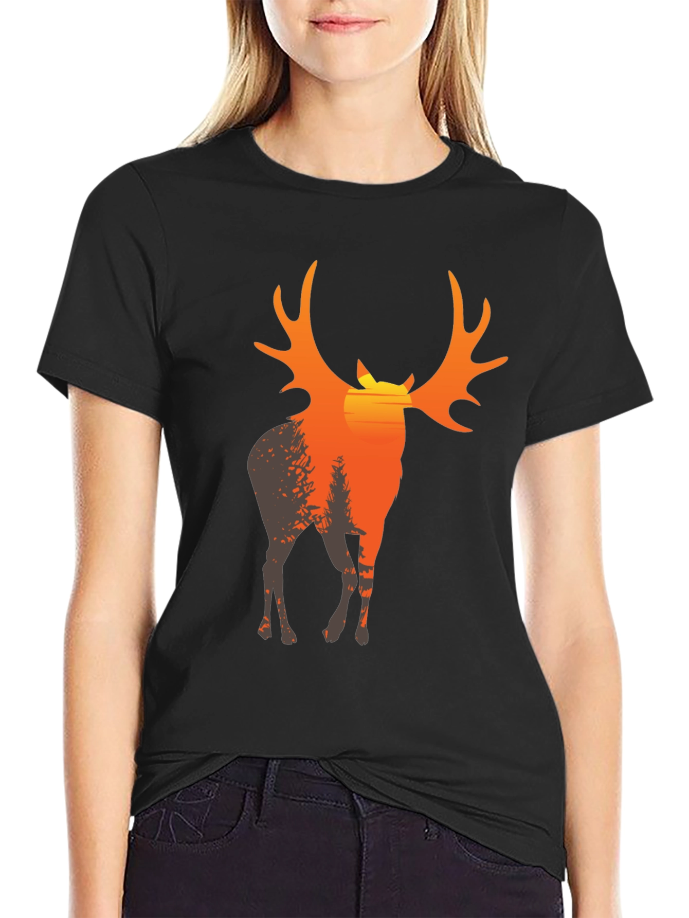 Mens Black T-Shirt with Deer Sunset Graphic