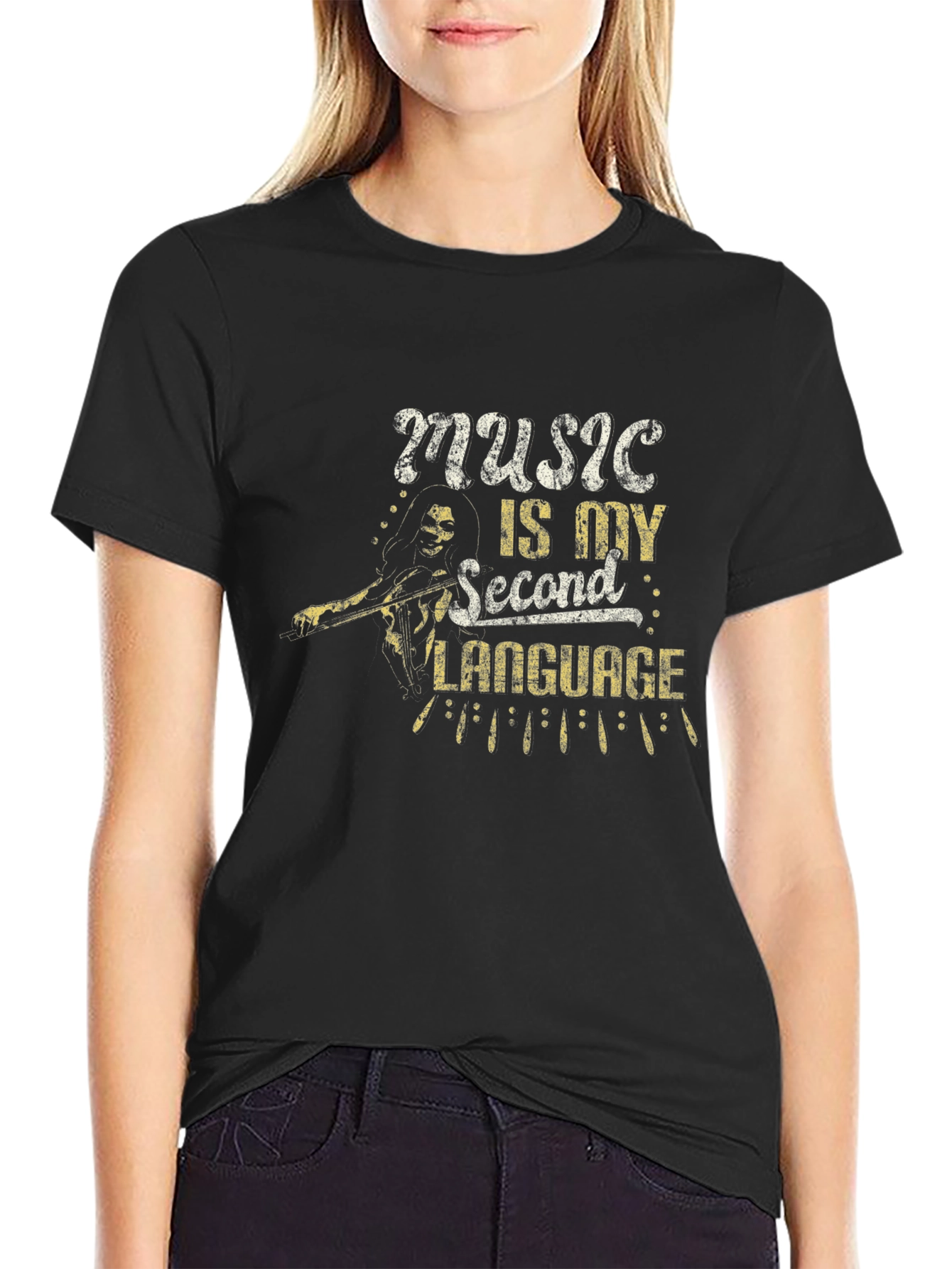 Music is My Second Language Black T-Shirt