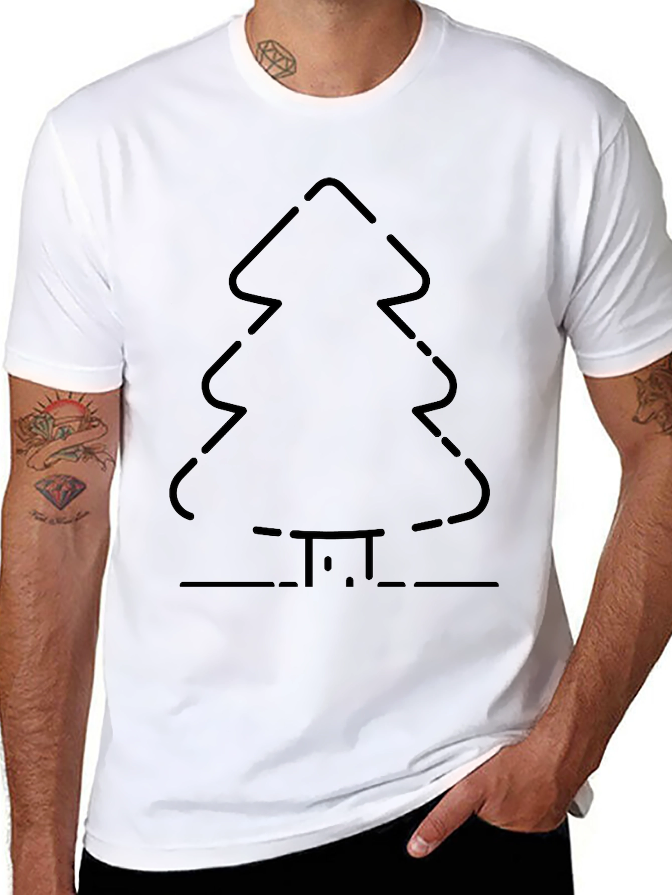Christmas Tree Outline Graphic Tee - Black Cotton