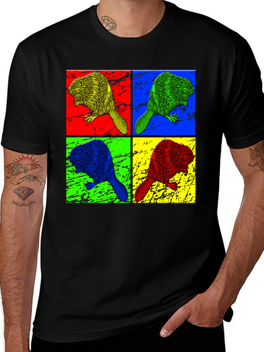 Pop Art Beaver Graphic Print Crew Neck T-Shirt