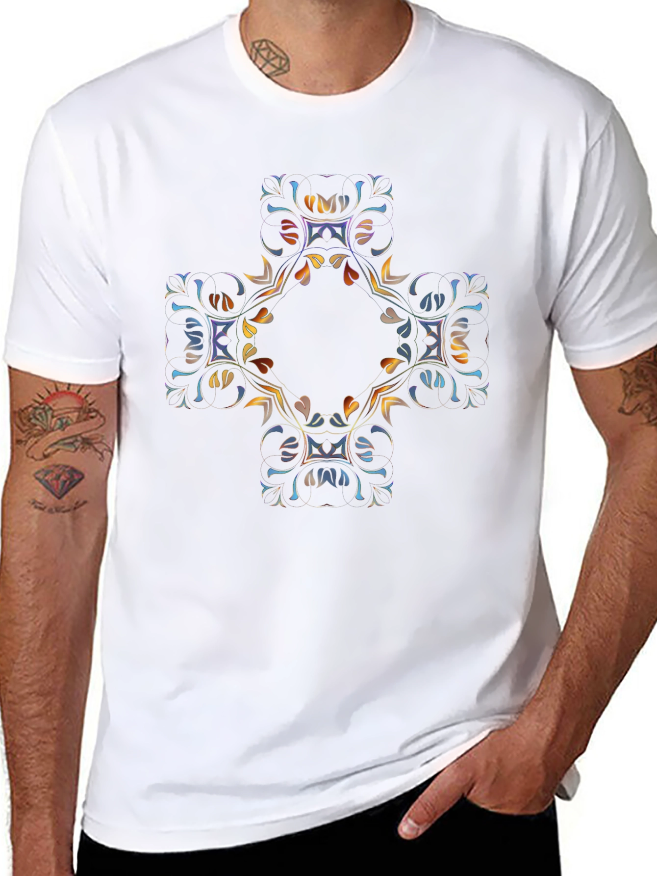 Abstract Floral Cross Graphic Black T-Shirt