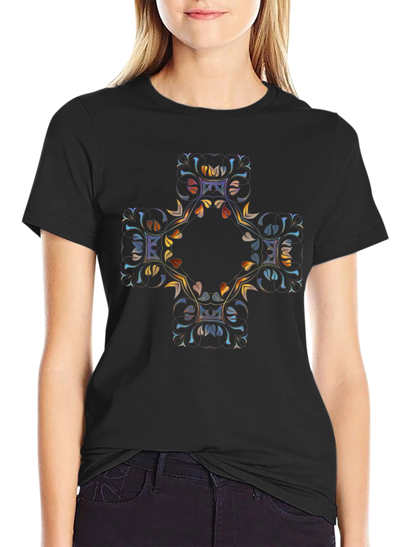 Abstract Floral Cross Graphic Black T-Shirt
