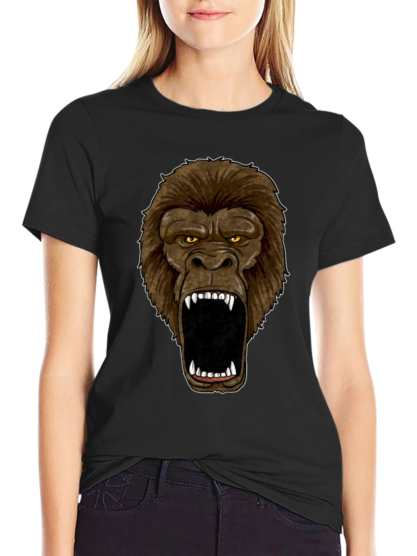 Angry Gorilla Face Graphic Print Black T-Shirt