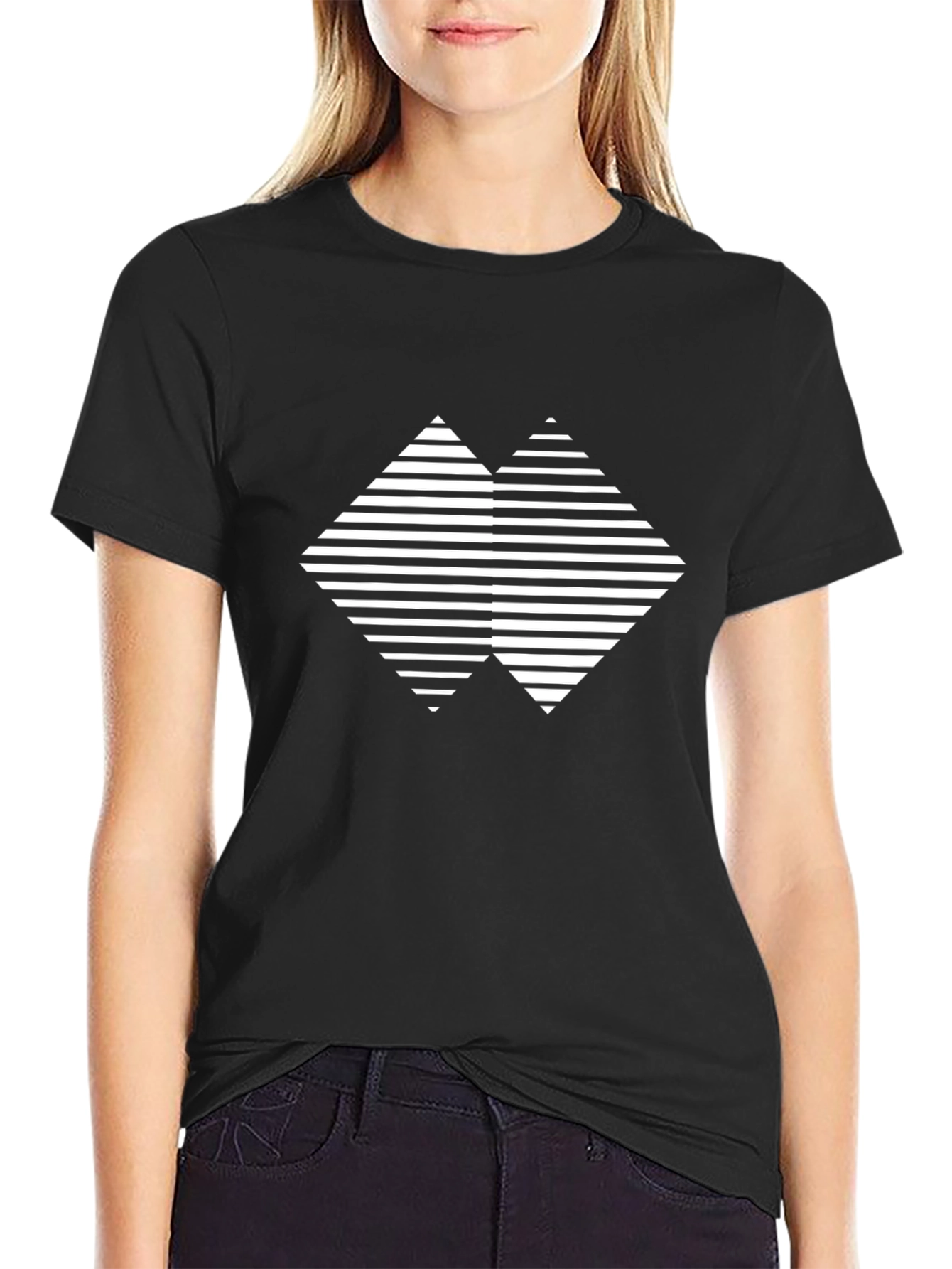 Geometric Striped Diamond Graphic Black T-Shirt