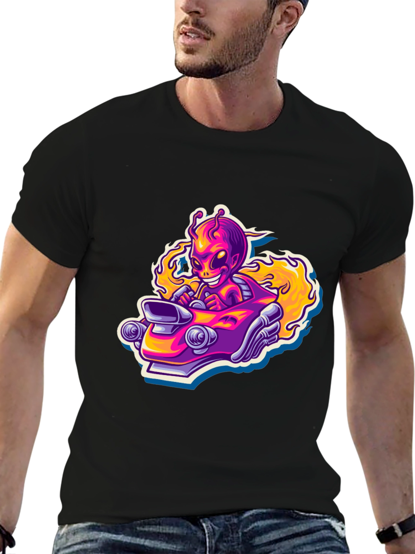 Alien Racer Graphic Tee - Black Cotton T-Shirt