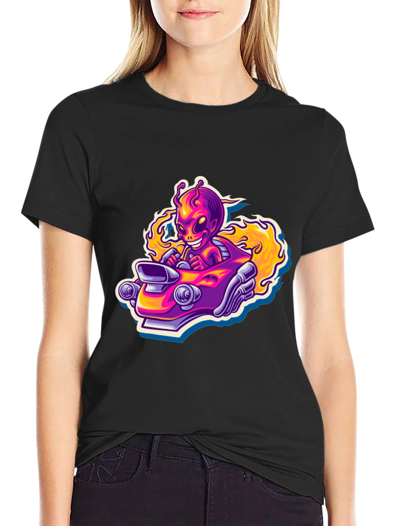 Alien Racer Graphic Tee - Black Cotton T-Shirt