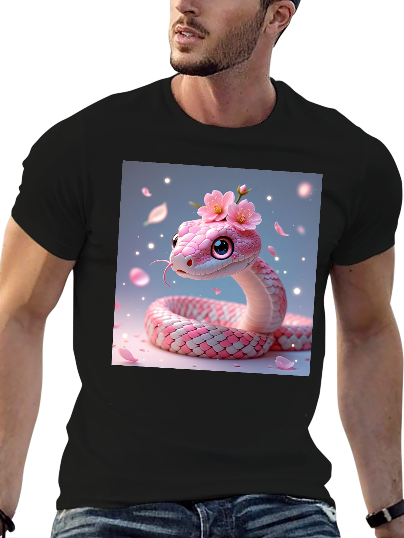 Cute Kawaii Pink Snake in Floral Shirt
