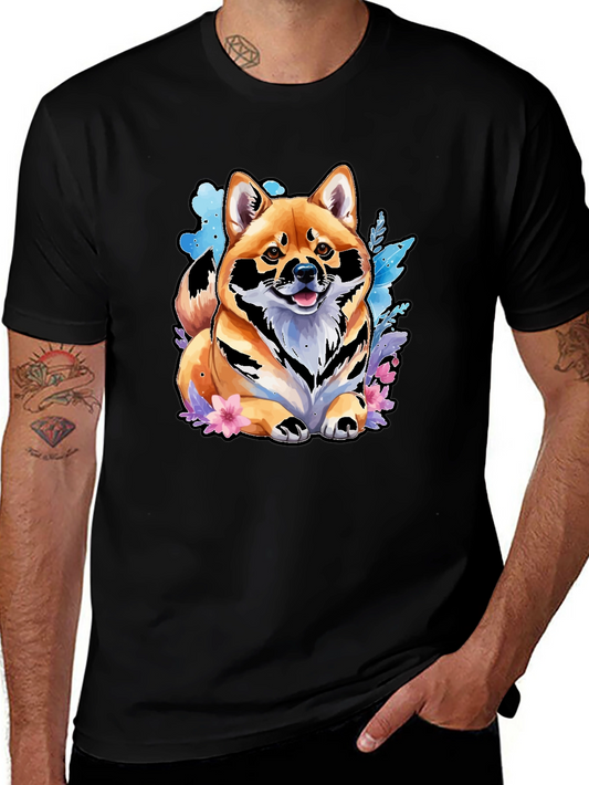 Shiba Inu Watercolor Graphic Tee - Black Cotton Casual