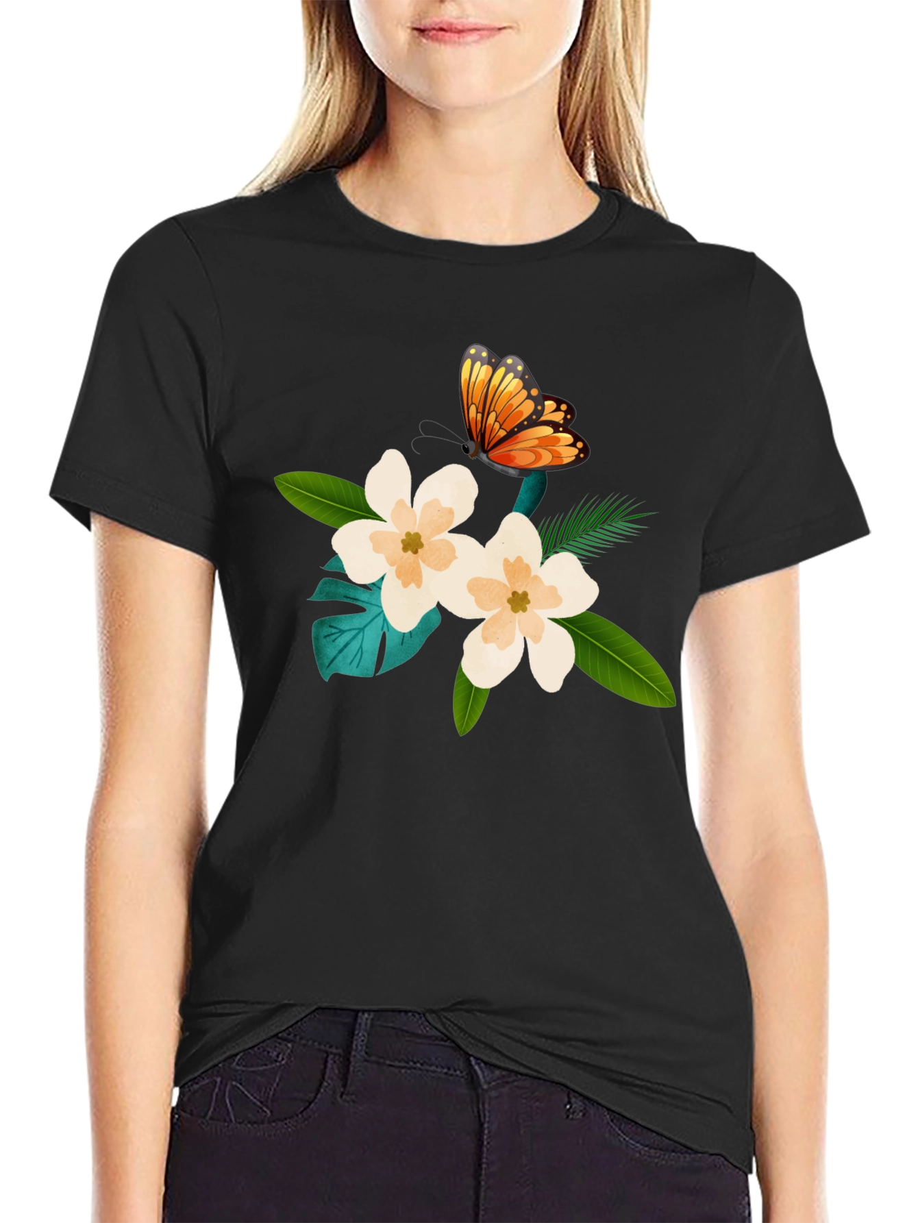 Floral Butterfly Graphic Black T-Shirt