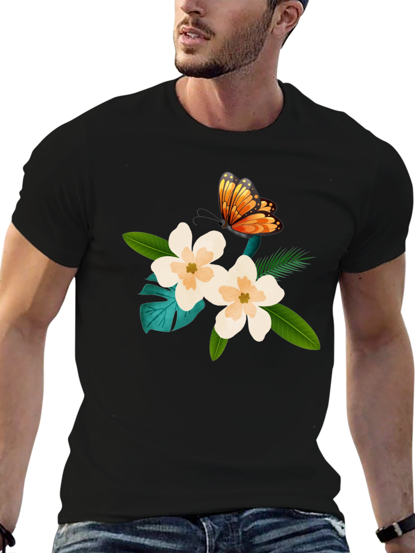 Floral Butterfly Graphic Black T-Shirt