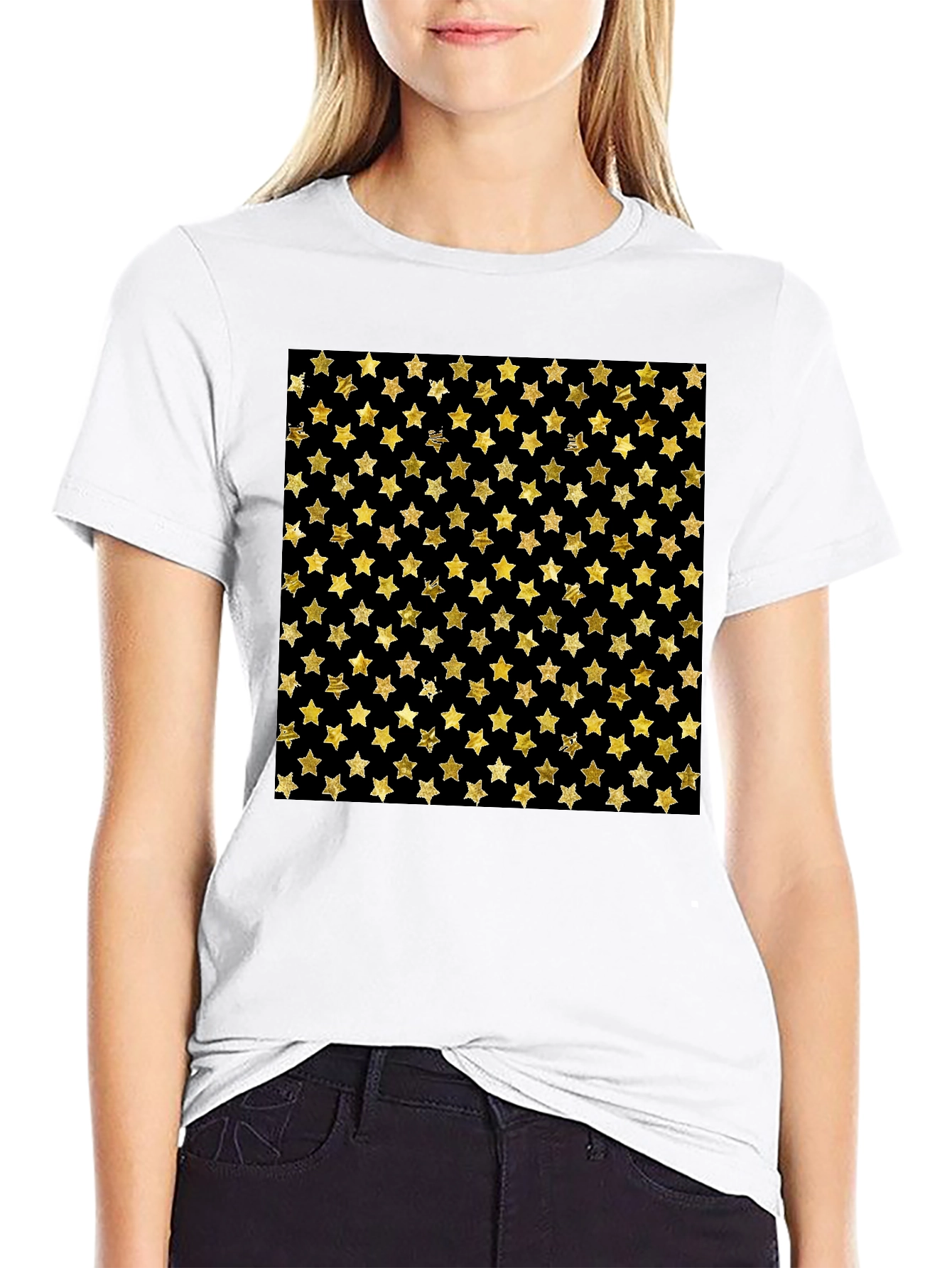 Gold Star Pattern Black T-Shirt