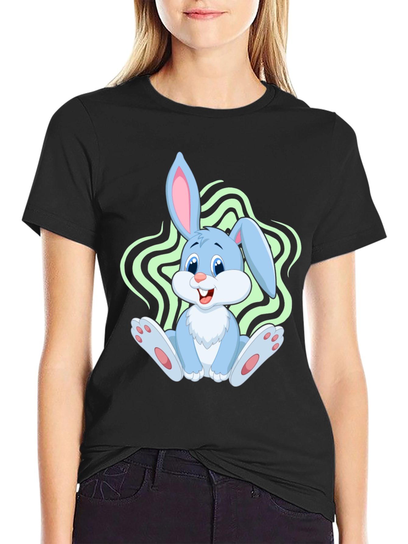 Cute Bunny Graphic Tee - Black Cotton Blend