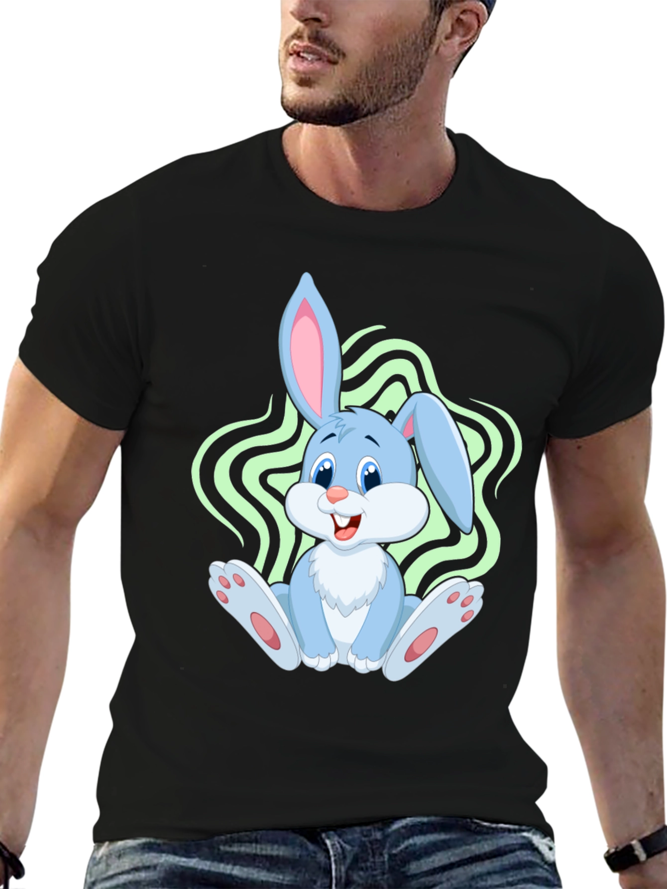 Cute Bunny Graphic Tee - Black Cotton Blend