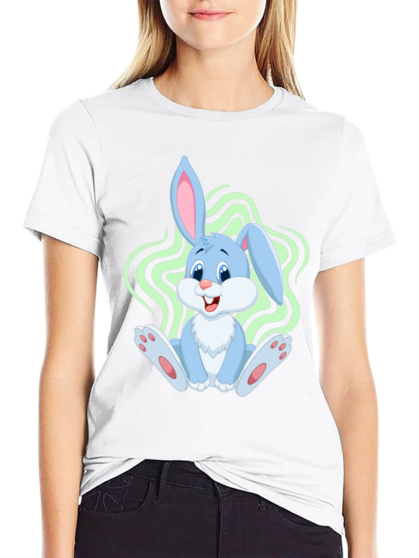 Cute Bunny Graphic Tee - Black Cotton Blend