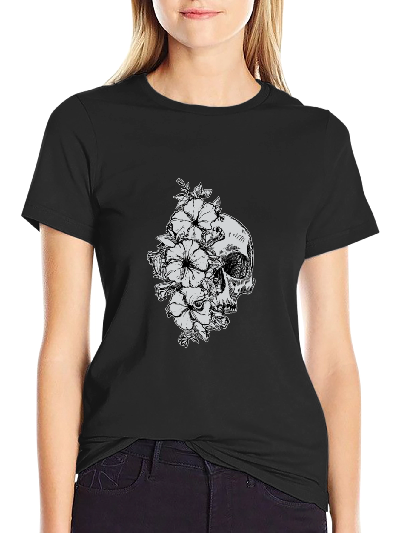 Skull and Flowers Graphic T-Shirt