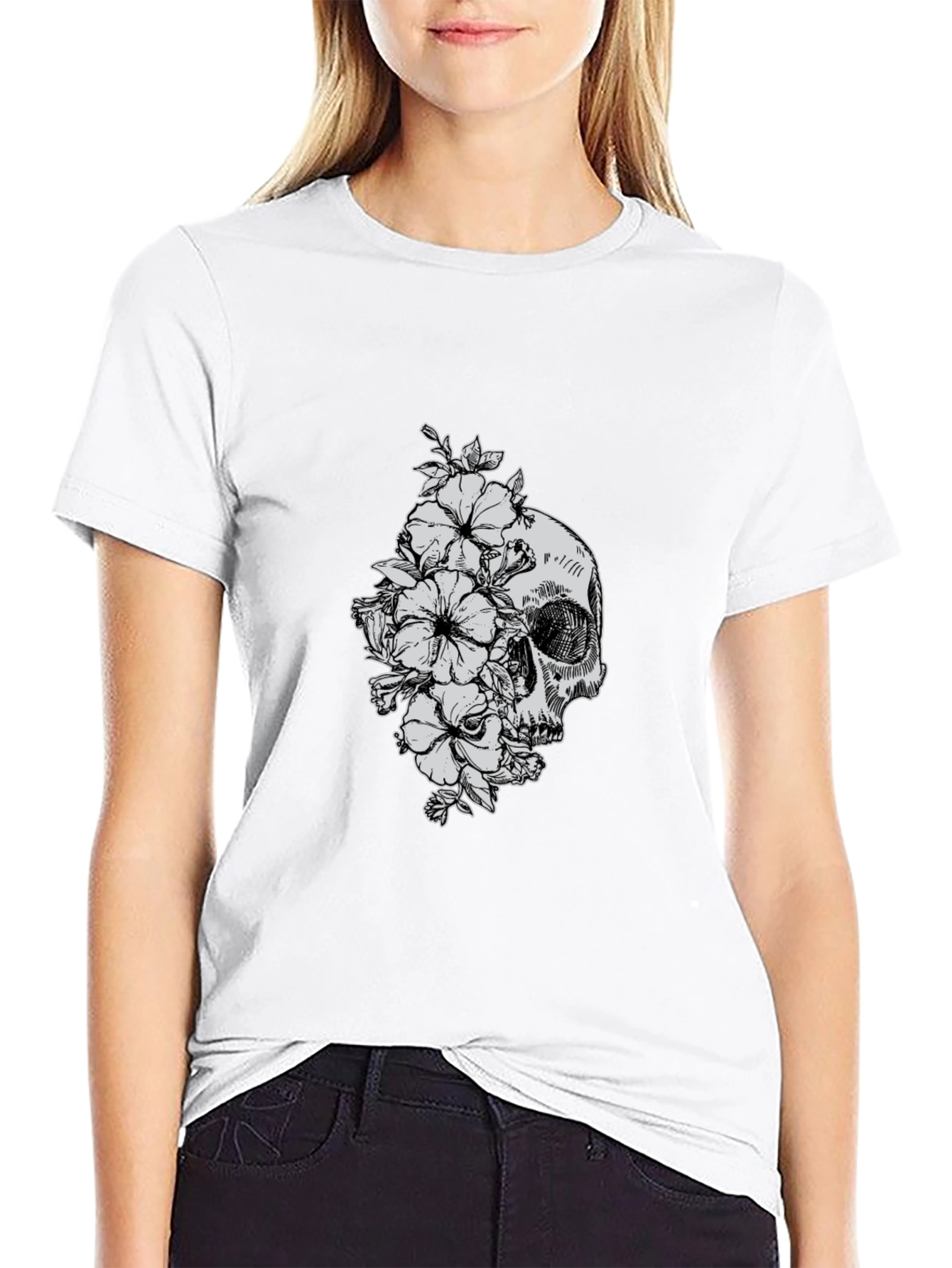 Skull and Flowers Graphic T-Shirt