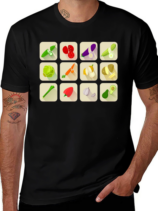 Vegetable Icon Graphic Tee - Black Cotton T-Shirt