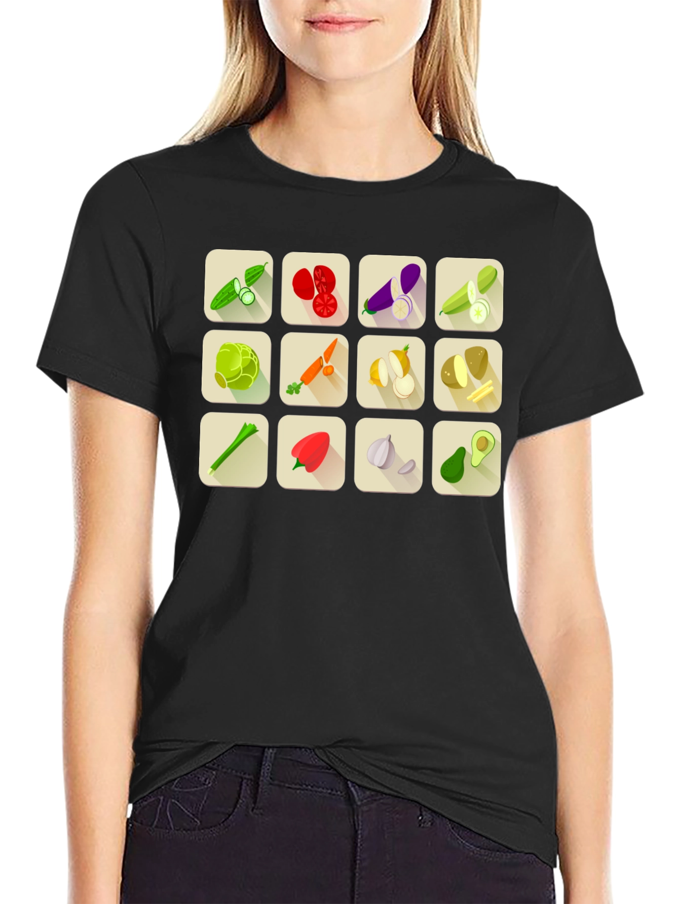 Vegetable Icon Graphic Tee - Black Cotton T-Shirt