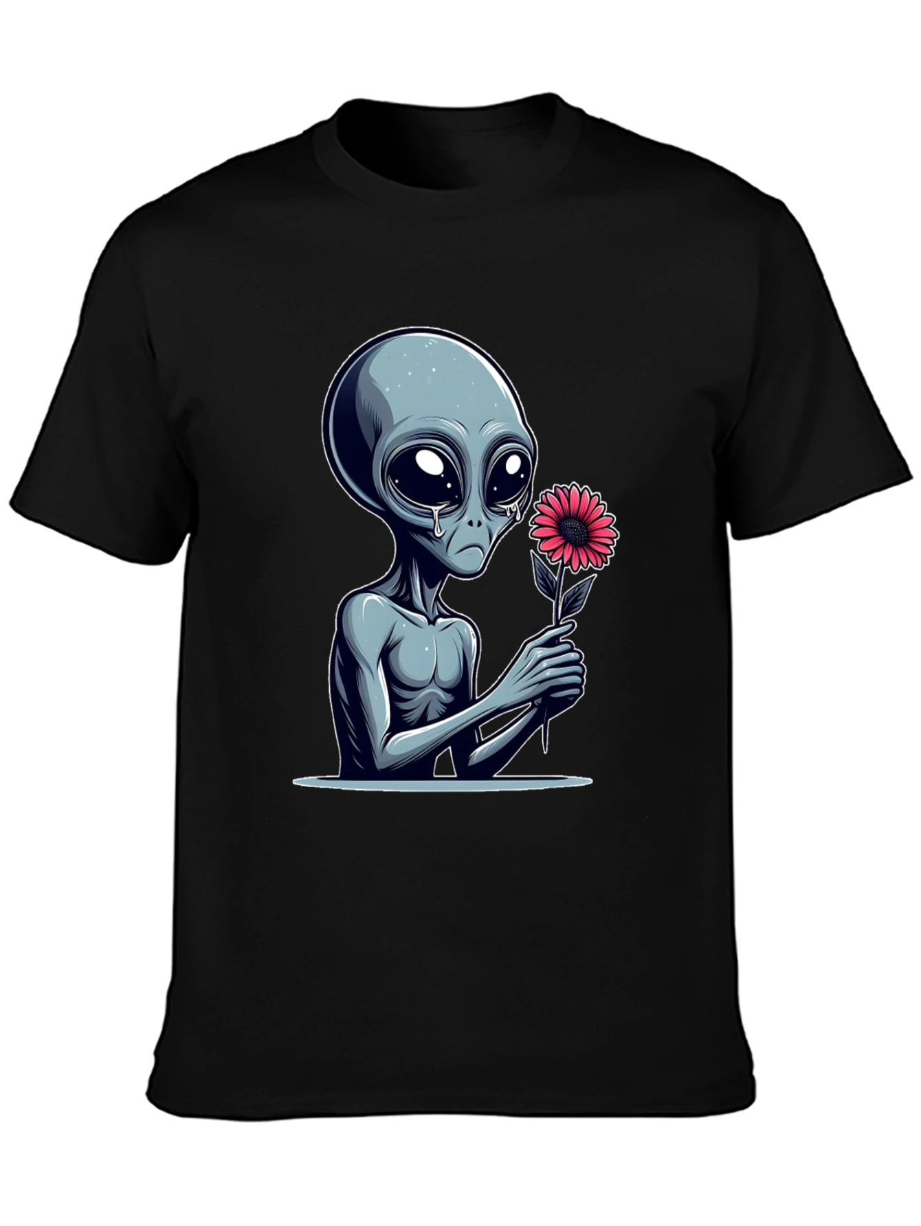 Alien with Flower Graphic Tee - Unisex Black T-Shirt