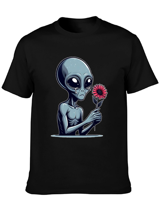 Alien with Flower Graphic Tee - Unisex Black T-Shirt