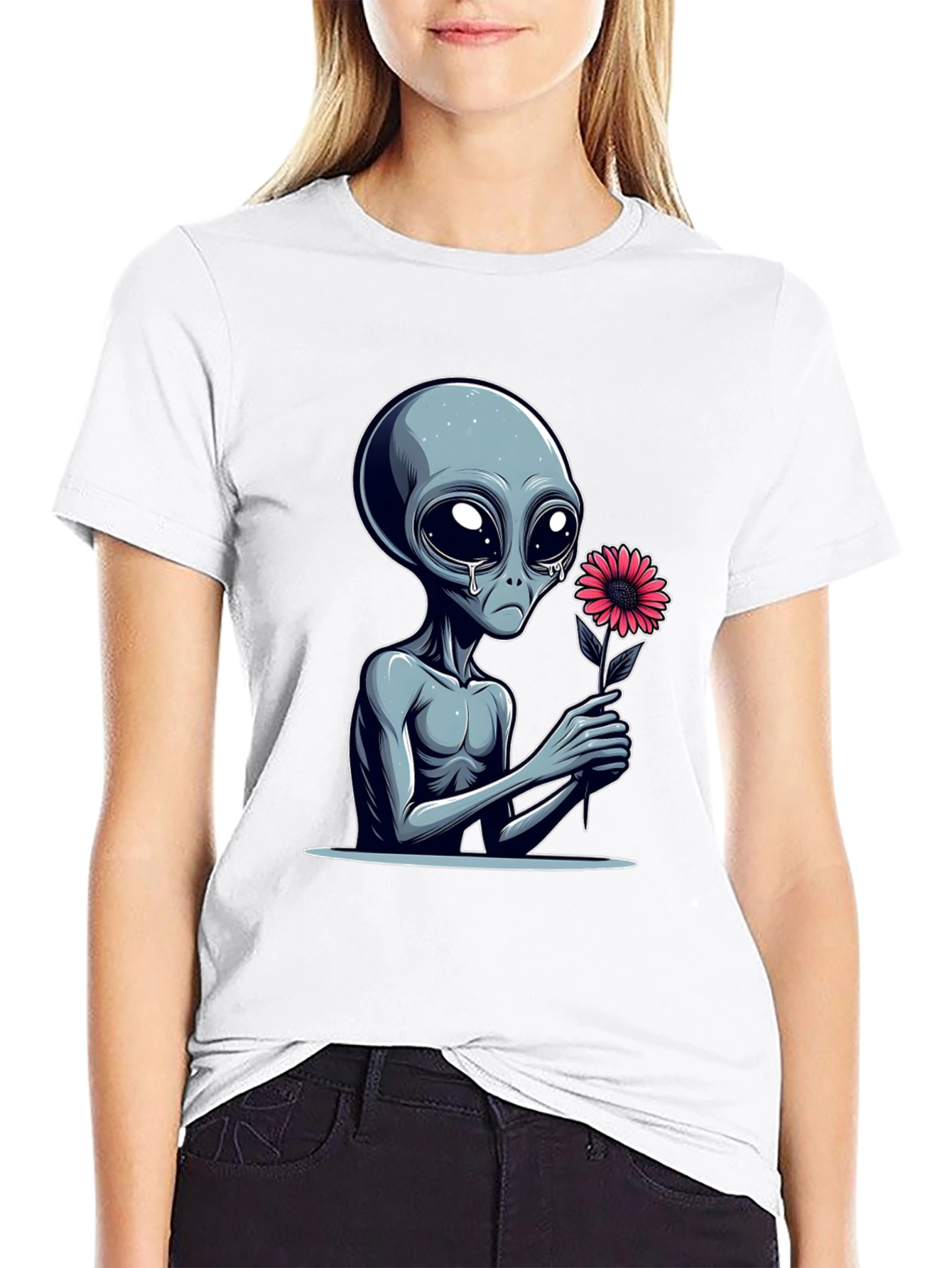 Alien with Flower Graphic Tee - Unisex Black T-Shirt