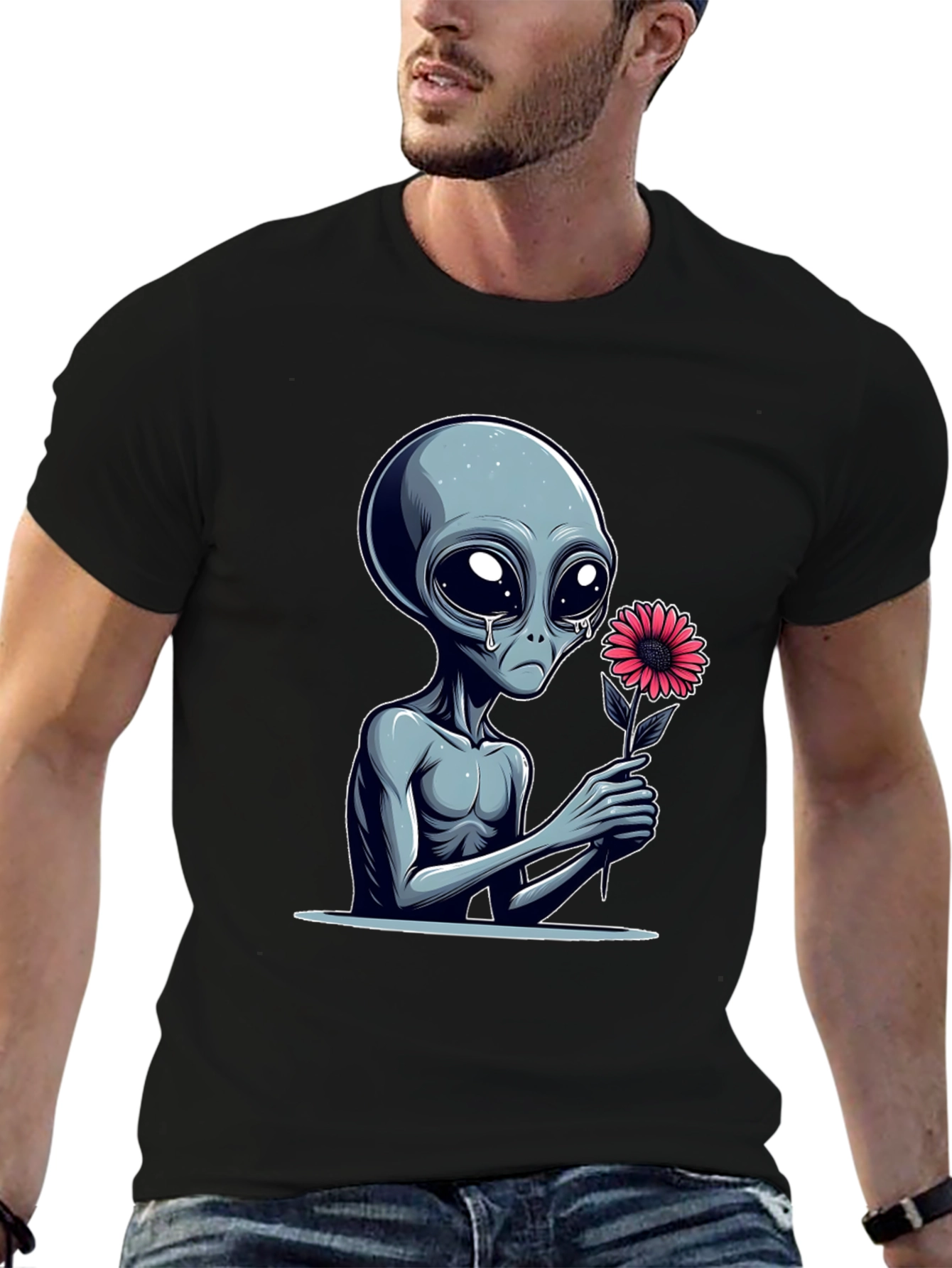 Alien with Flower Graphic Tee - Unisex Black T-Shirt