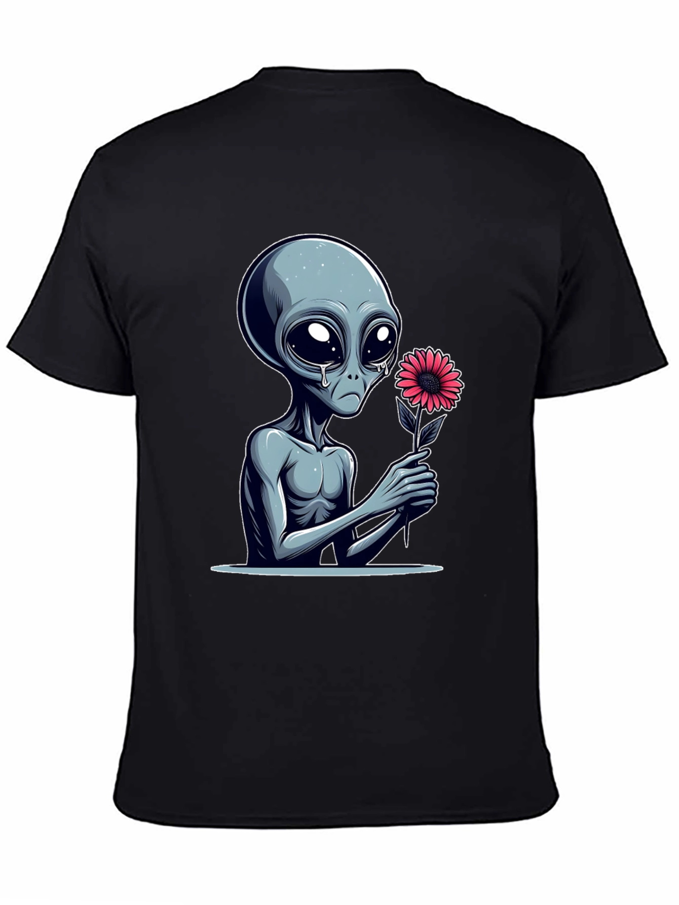 Alien with Flower Graphic Tee - Unisex Black T-Shirt