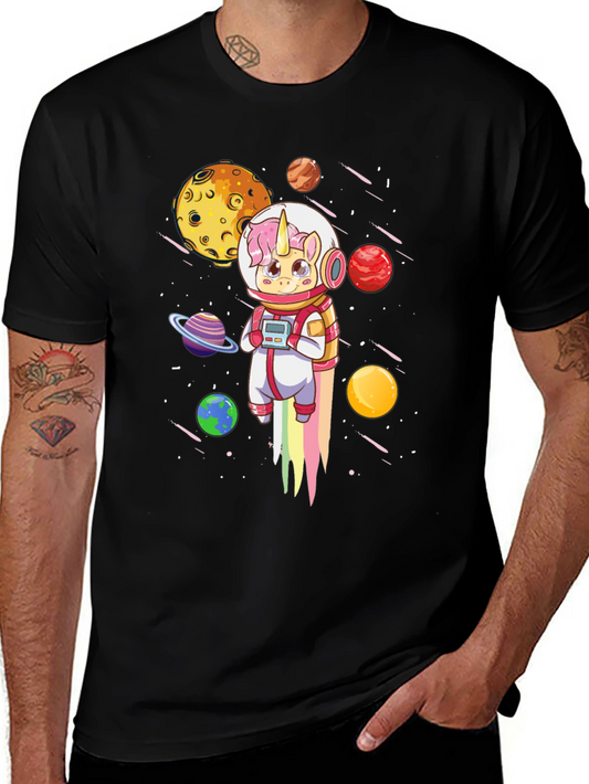 Unicorn Astronaut T-Shirt - Black Cotton Space Tee