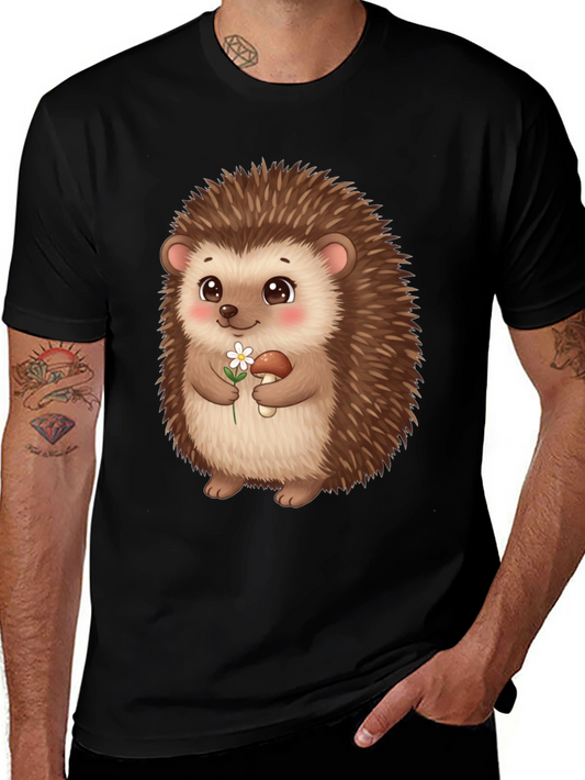 Cute Hedgehog Graphic Tee - Black Cotton T-Shirt