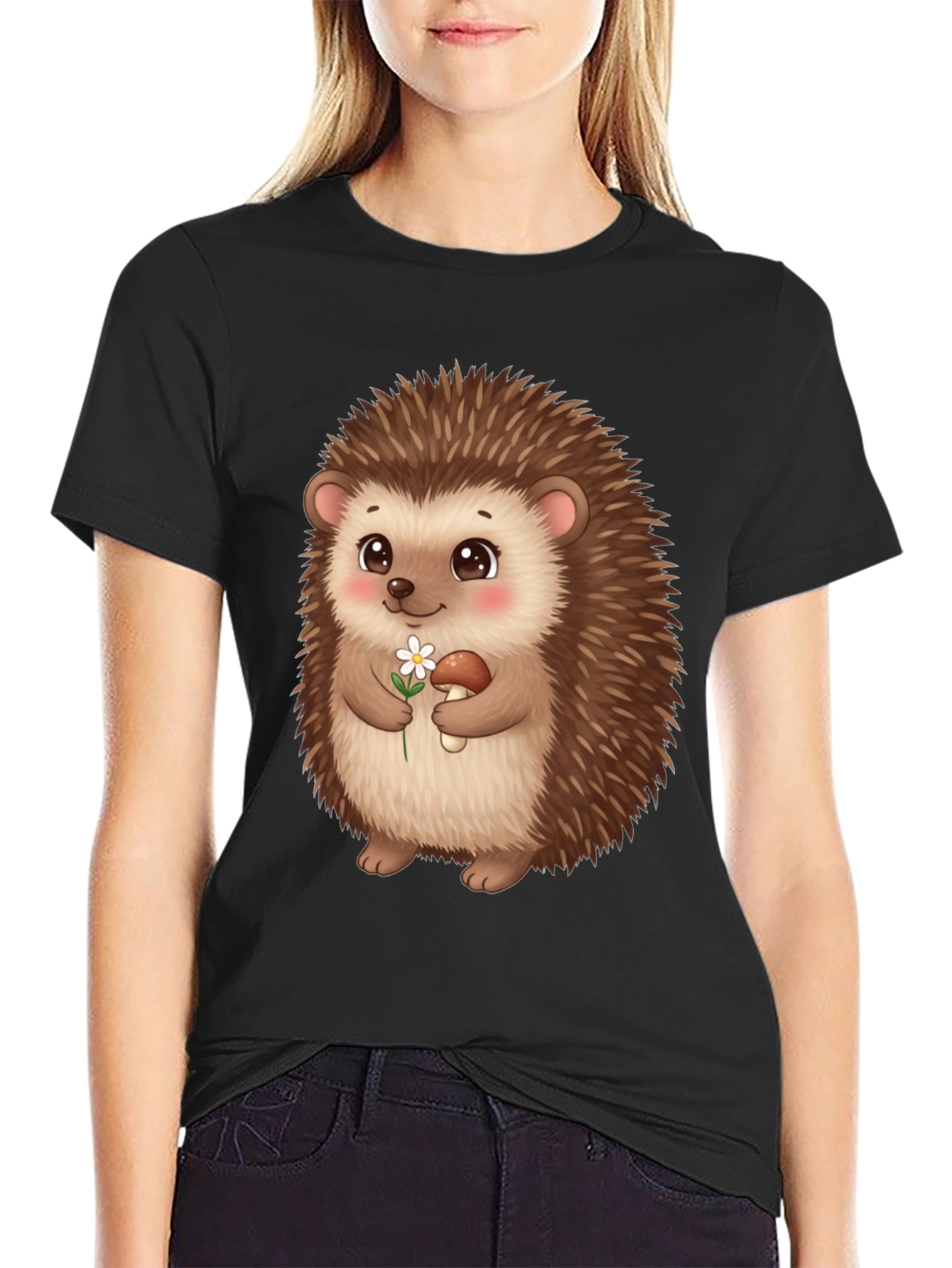 Cute Hedgehog Graphic Tee - Black Cotton T-Shirt