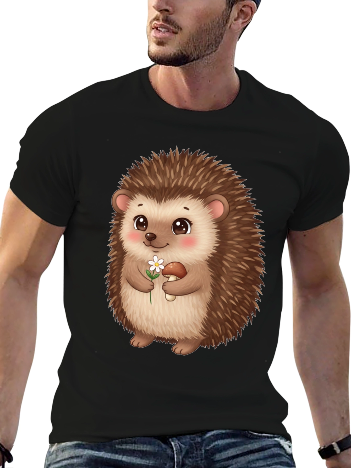 Cute Hedgehog Graphic Tee - Black Cotton T-Shirt