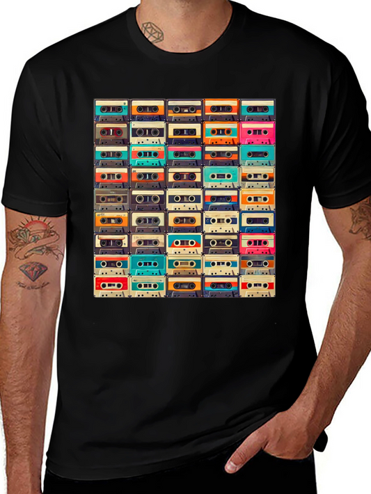 Retro Cassette Tape Pattern T-Shirt - Vintage Music Lover Tee