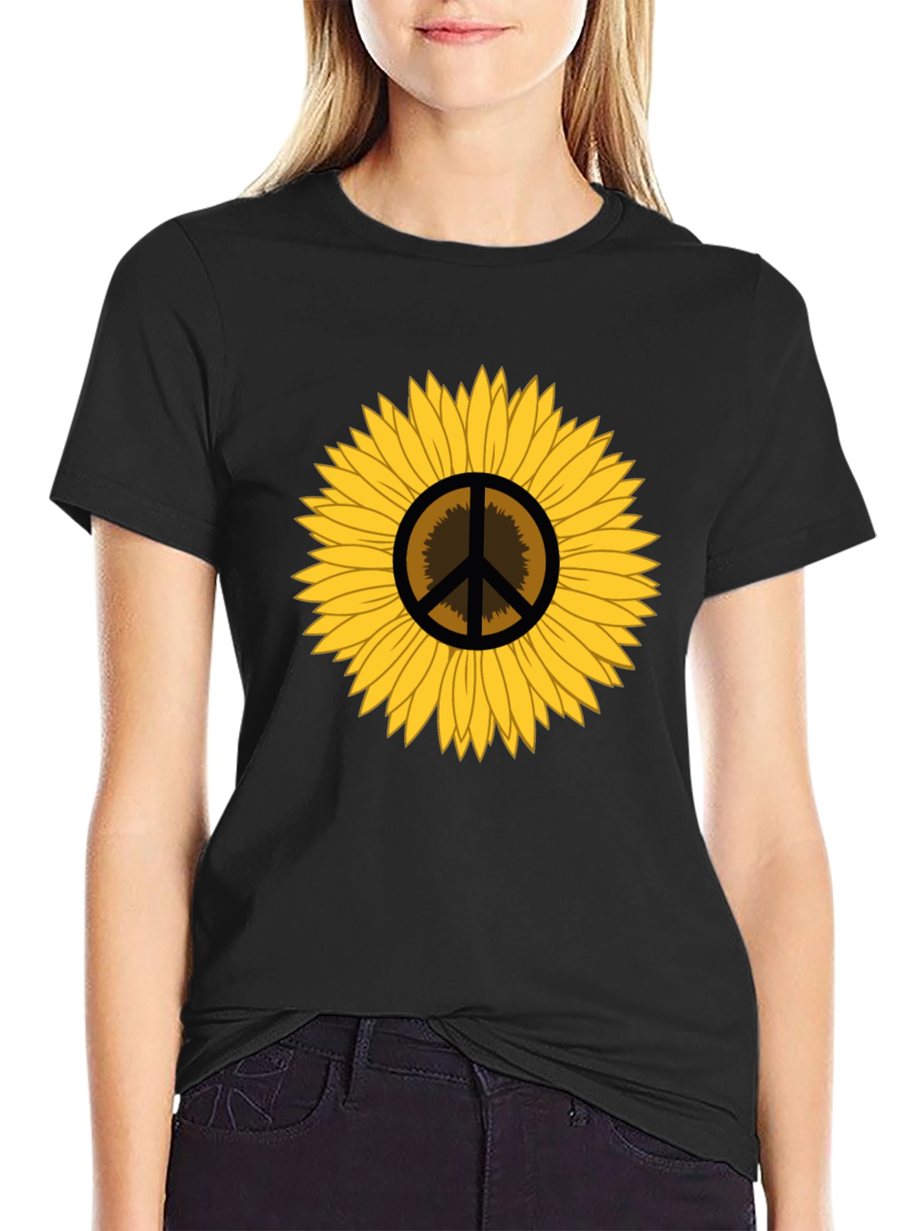 Sunflower Peace Sign Graphic T-Shirt - Black