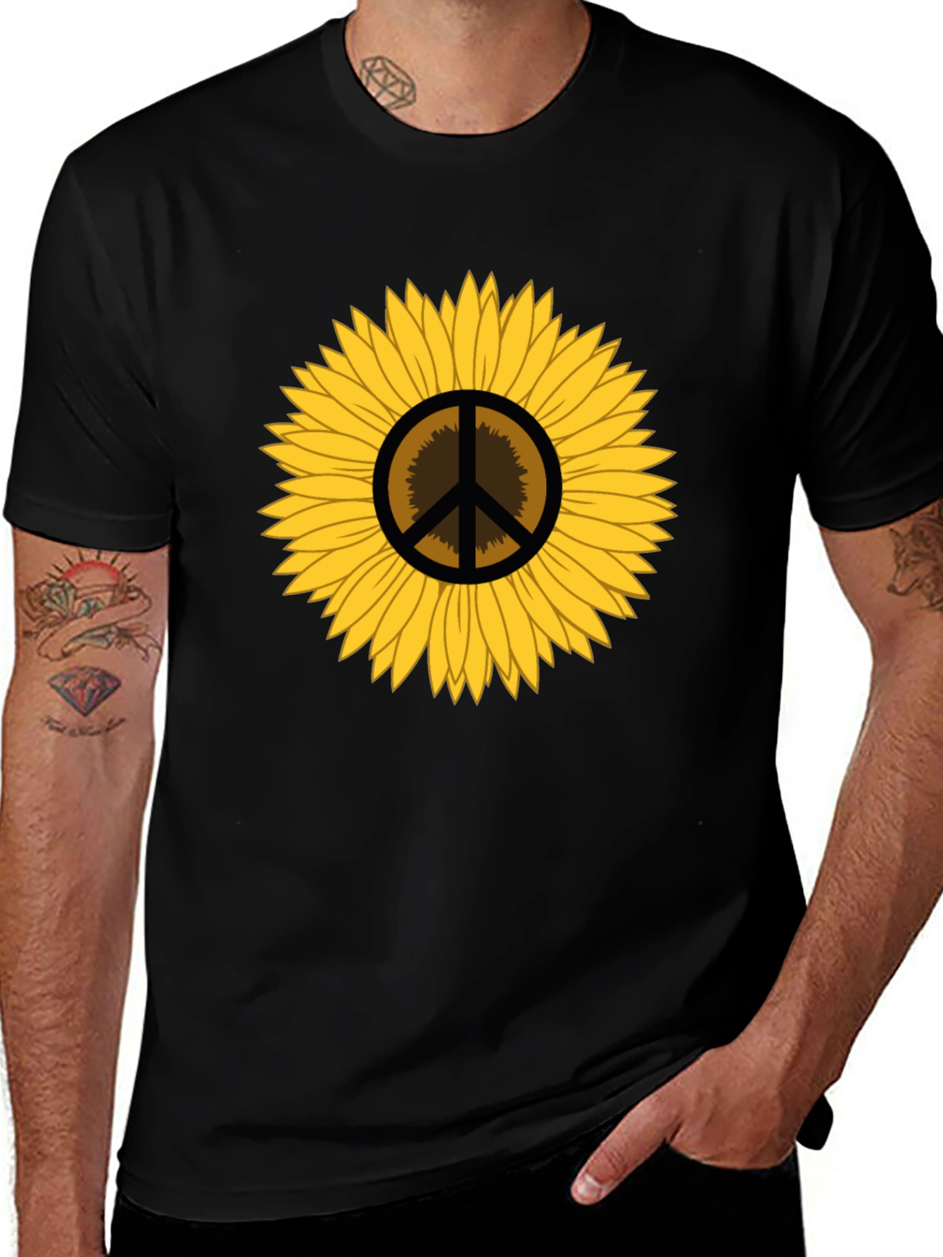 Sunflower Peace Sign Graphic T-Shirt - Black
