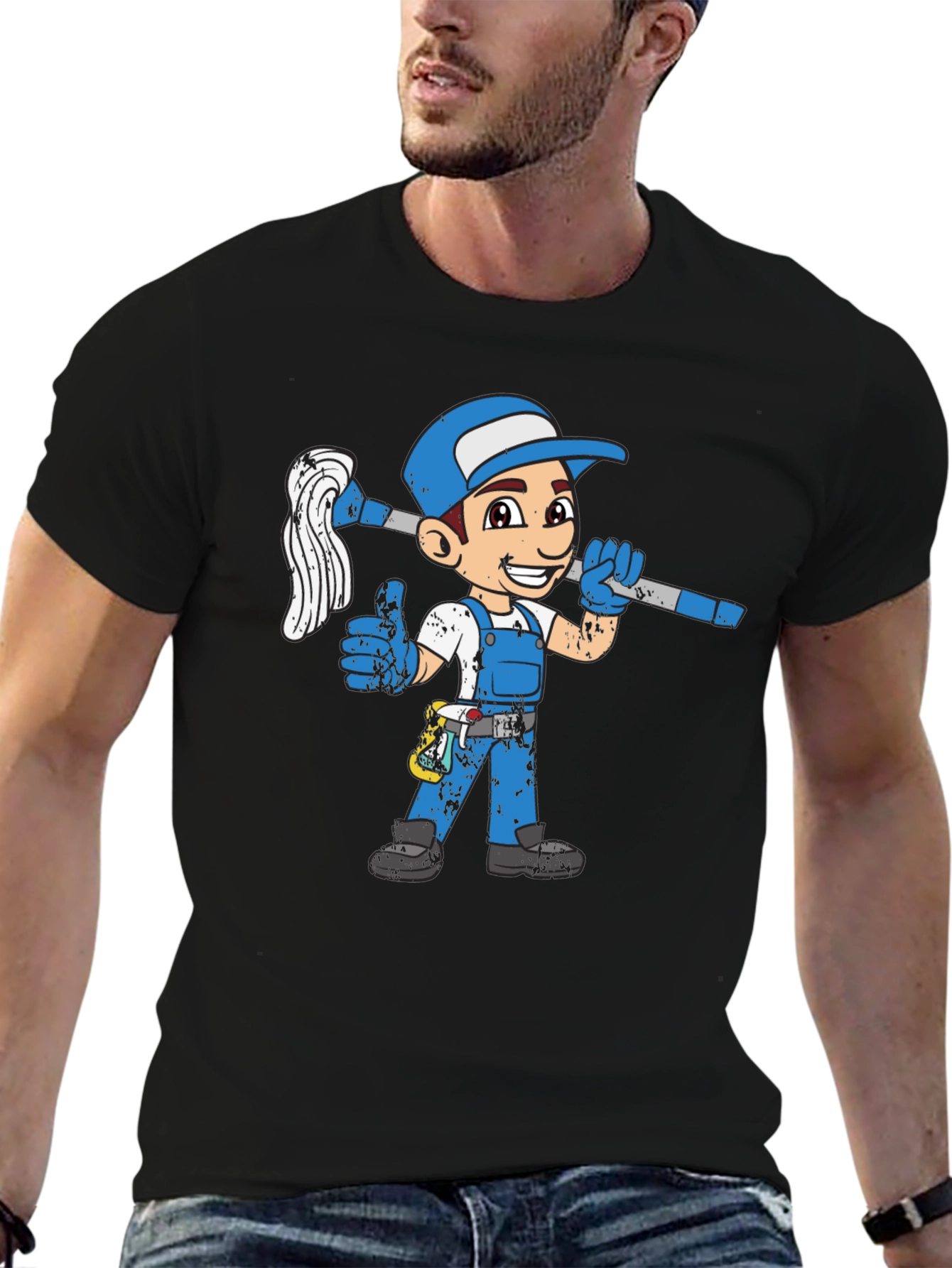 Cartoon Plumber Graphic T-Shirt - Black