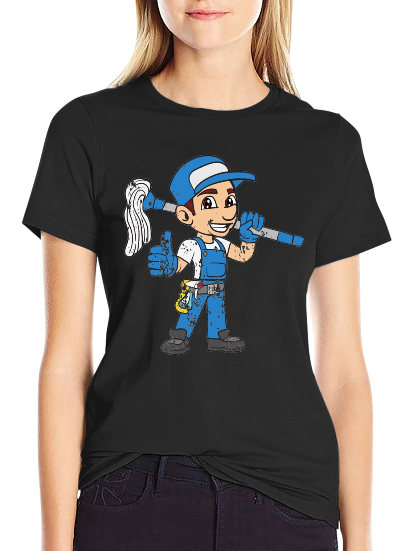 Cartoon Plumber Graphic T-Shirt - Black