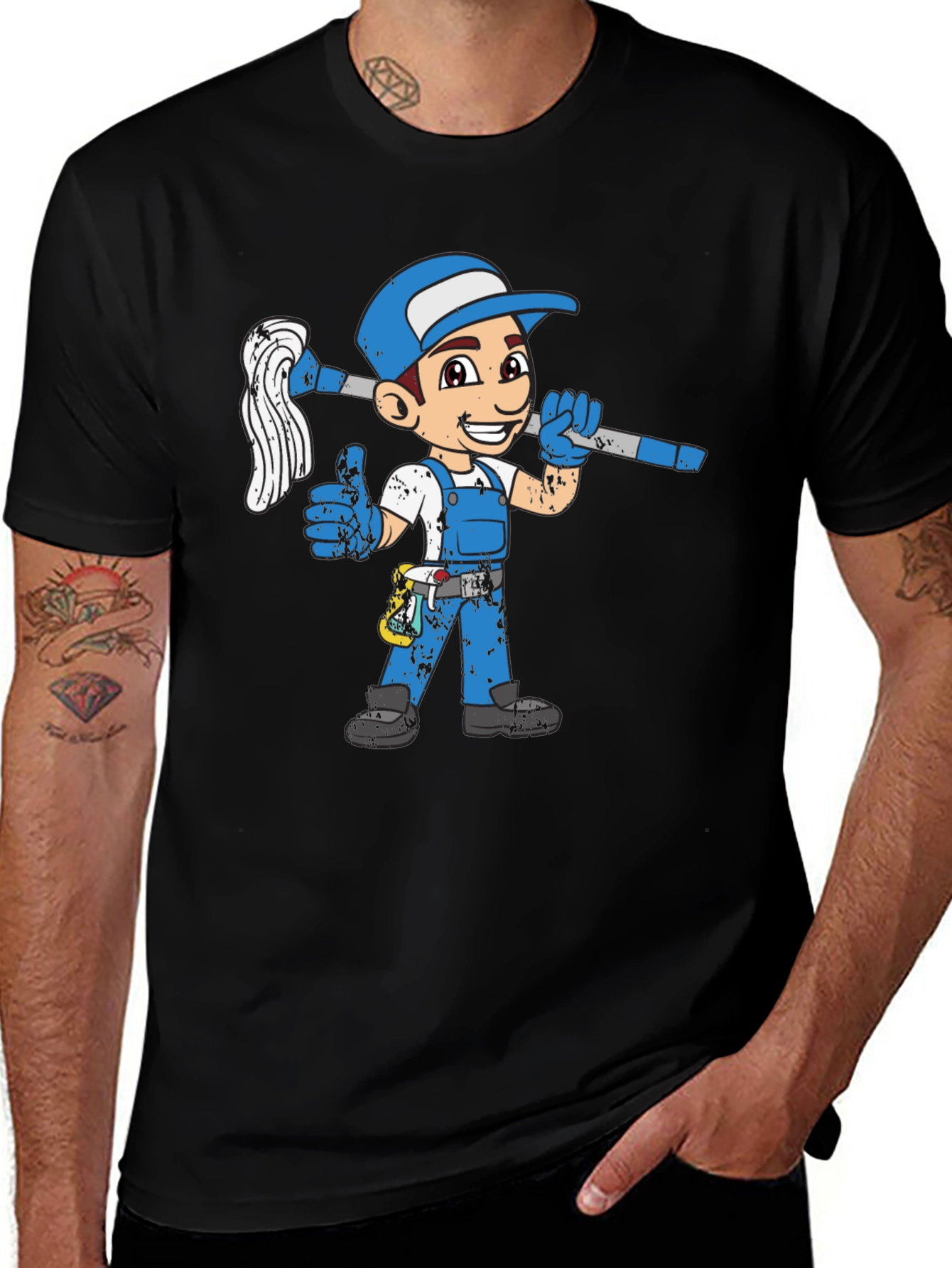 Cartoon Plumber Graphic T-Shirt - Black