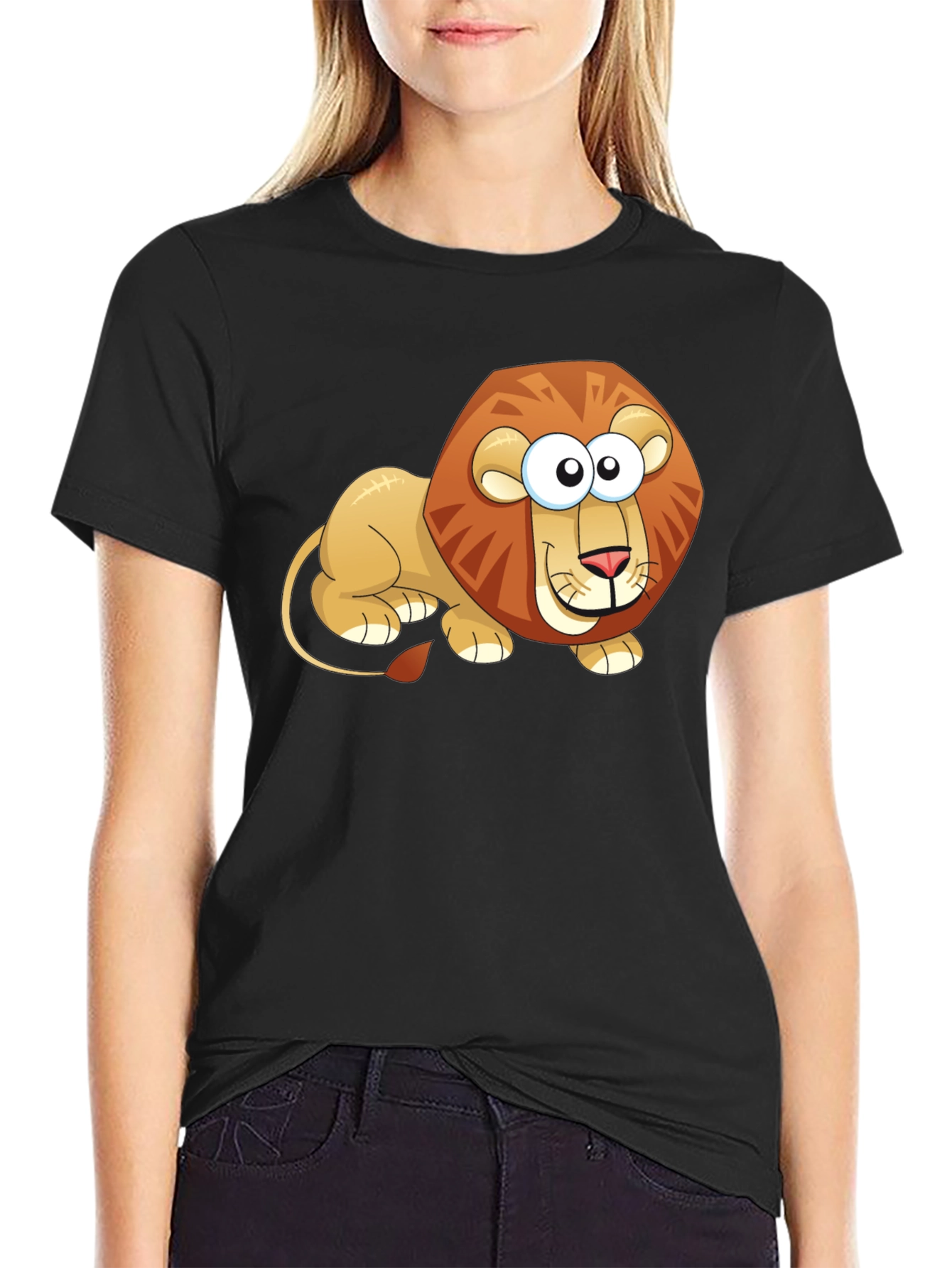 Cartoon Lion Graphic T-Shirt - Casual Black Tee
