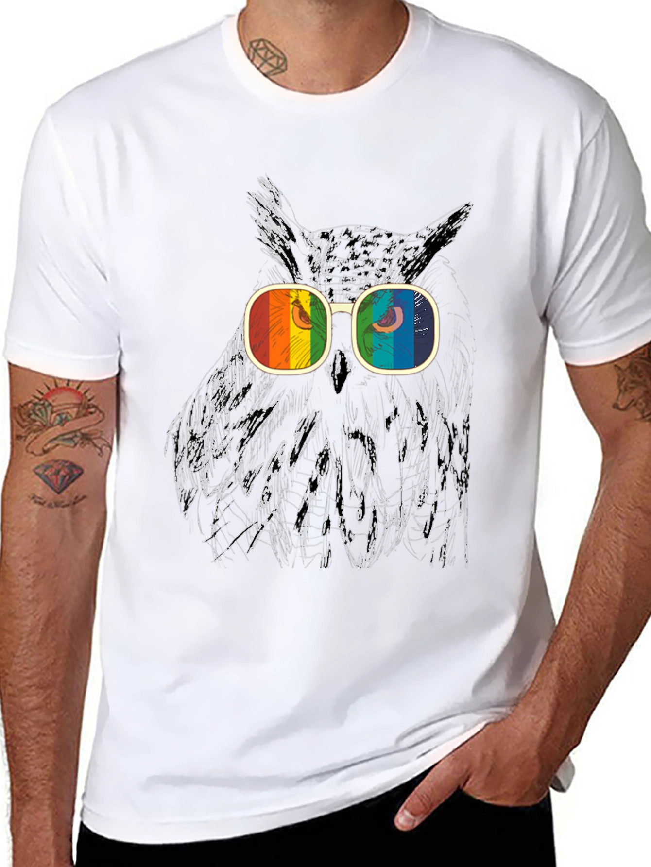 Owl Graphic T-Shirt with Rainbow Glasses