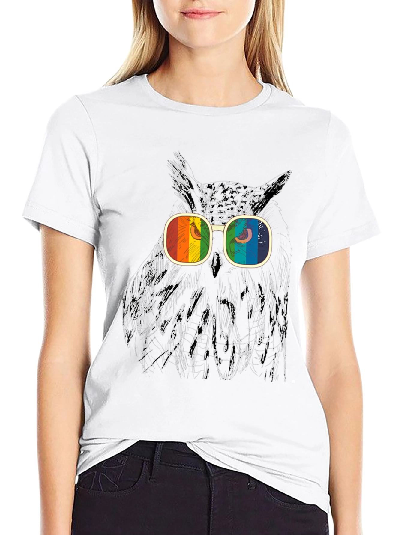 Owl Graphic T-Shirt with Rainbow Glasses