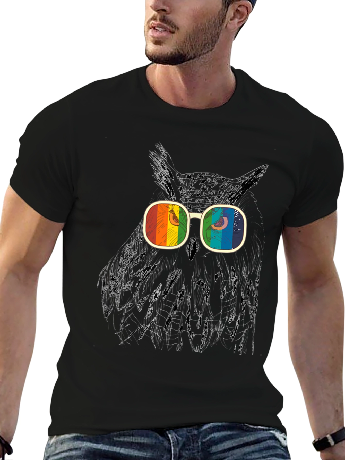 Owl Graphic T-Shirt with Rainbow Glasses