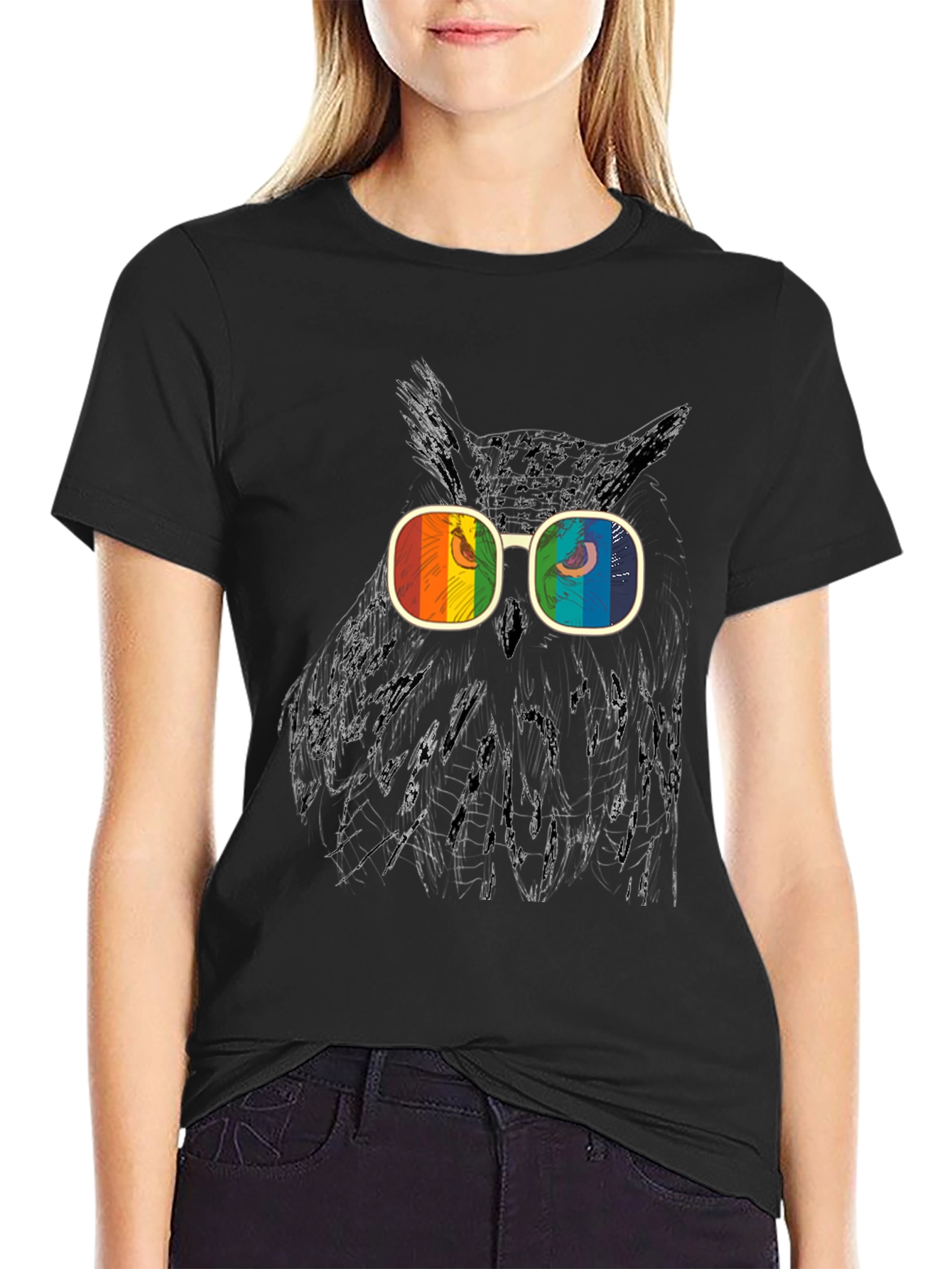 Owl Graphic T-Shirt with Rainbow Glasses