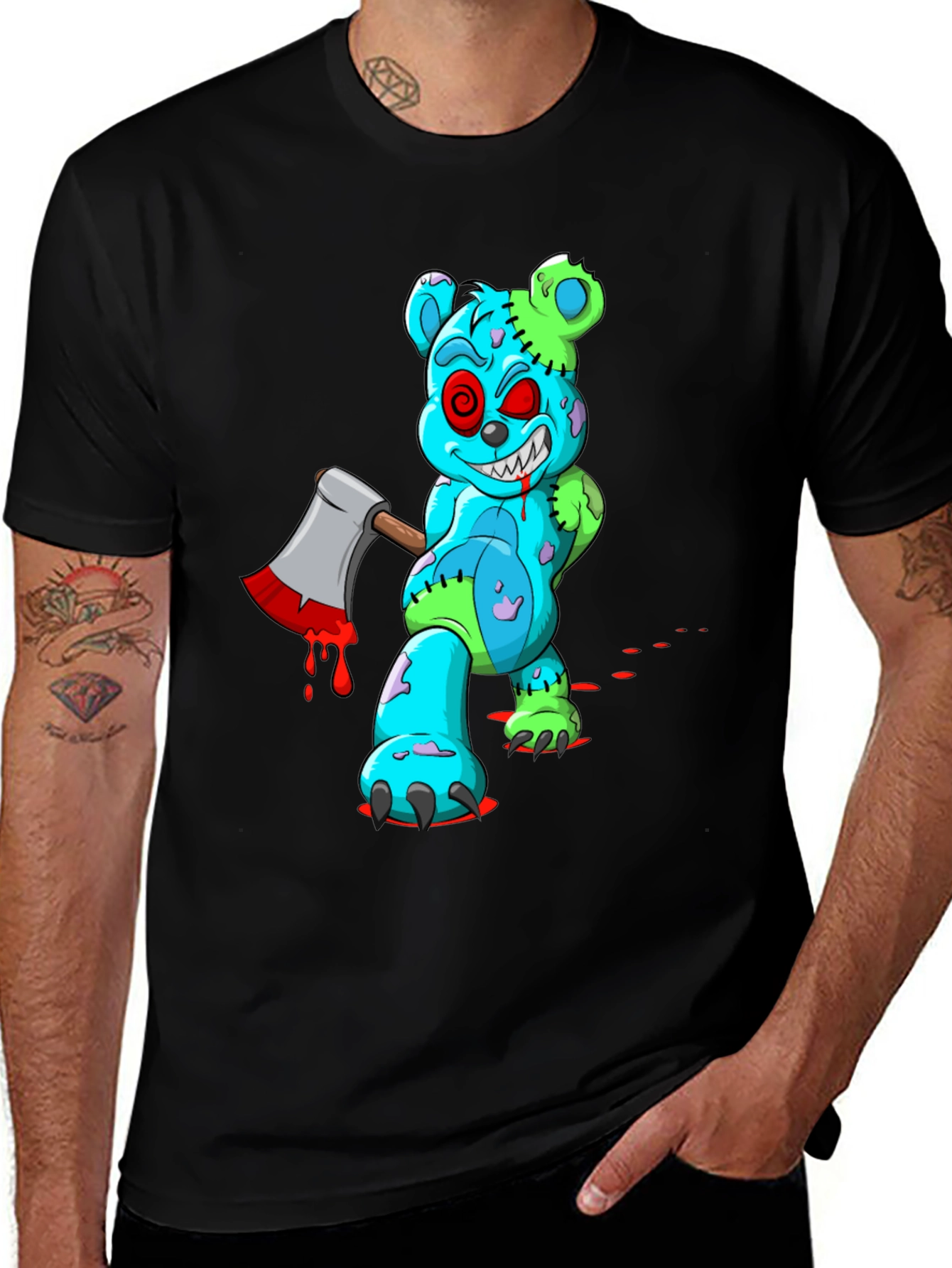 Zombie Teddy Bear Axe Black T-Shirt