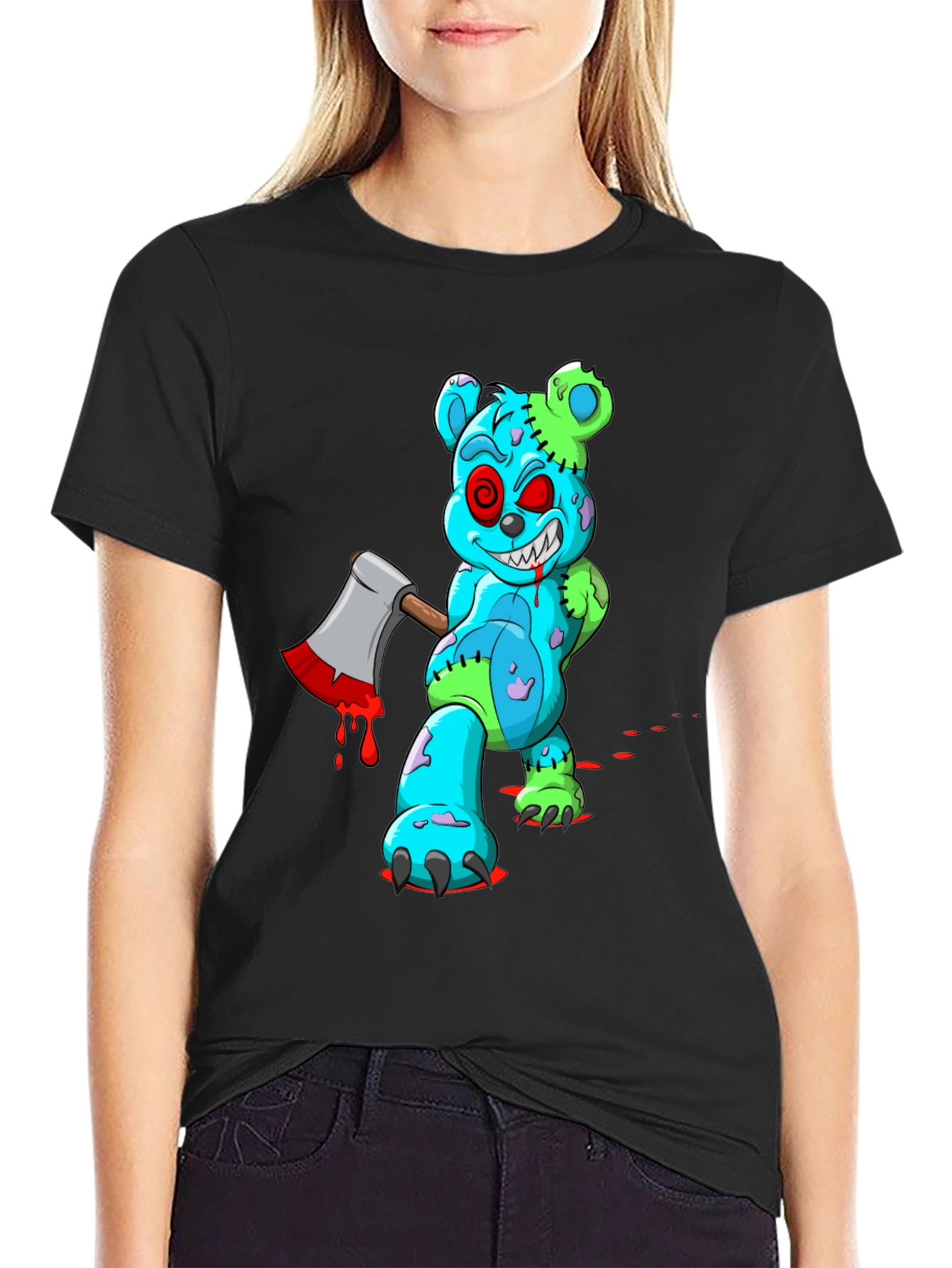 Zombie Teddy Bear Axe Black T-Shirt