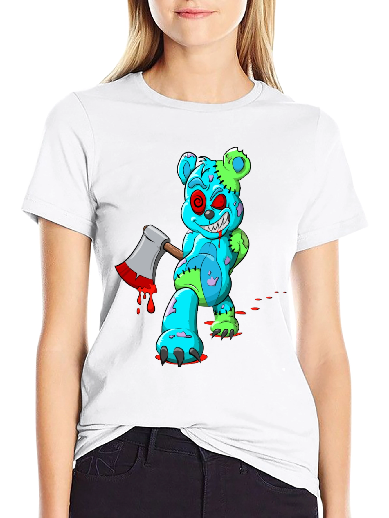 Zombie Teddy Bear Axe Black T-Shirt